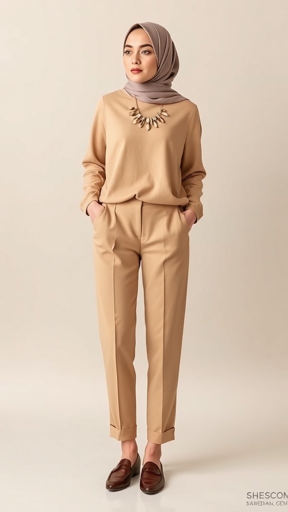 A fashionable oatmeal outfit with a long-sleeve top, tailored trousers, and a matching hijab, accessorized with jewelry.